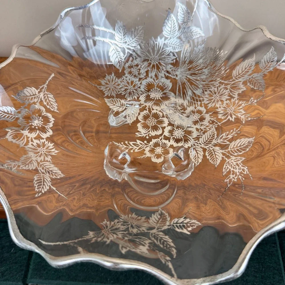 Vintage Silver Overlay Glass Footed Bowl Scalloped Floral Centerpiece 11 Inch